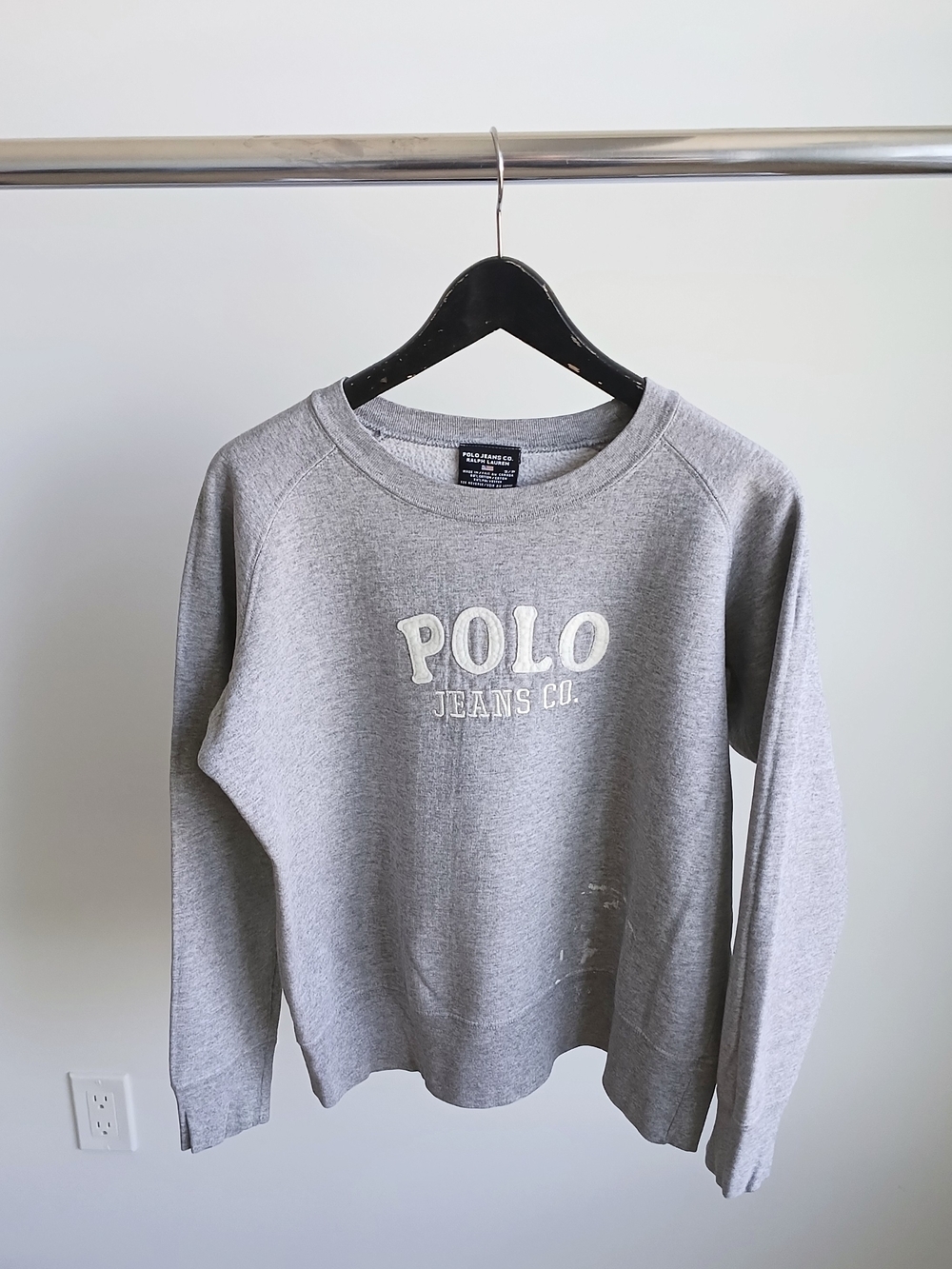 90s Polo Ralph Lauren Spellout Sweatshirt S Gray Paint Splatter Raglan Grunge